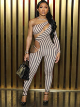Load image into Gallery viewer, Striped Fitted Hollowed-out Jumpsuit
