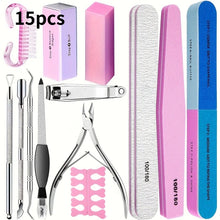 Load image into Gallery viewer, 10/15pcs Professional Nail Art Kit with 100/180 Grit Files,Buffer Sponge,Brush,Scissors,Cuticle Nippers Pushers Gel Polish Tools
