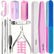 Load image into Gallery viewer, 10/15pcs Professional Nail Art Kit with 100/180 Grit Files,Buffer Sponge,Brush,Scissors,Cuticle Nippers Pushers Gel Polish Tools
