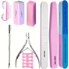 Load image into Gallery viewer, 10/15pcs Professional Nail Art Kit with 100/180 Grit Files,Buffer Sponge,Brush,Scissors,Cuticle Nippers Pushers Gel Polish Tools
